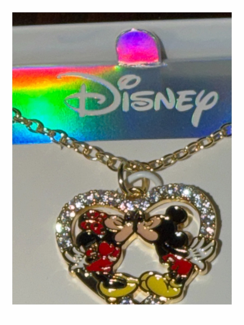 NIB Disney Mickey & Minnie Kissing Heart Crystal Necklace | Gold Plated